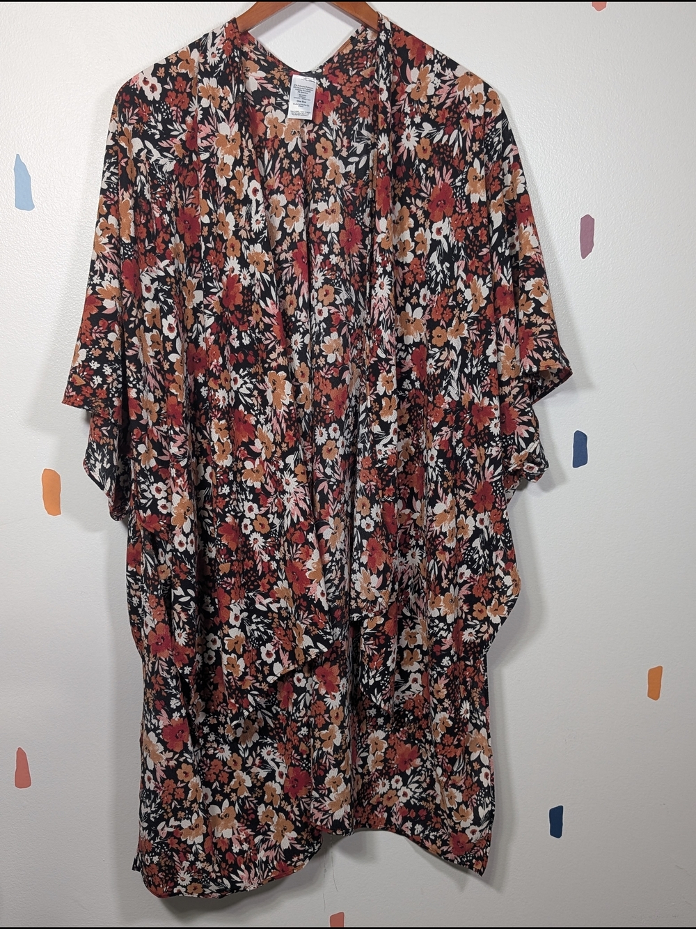 Floral Open Front Kimono - Black with Rust & Cream Flowers